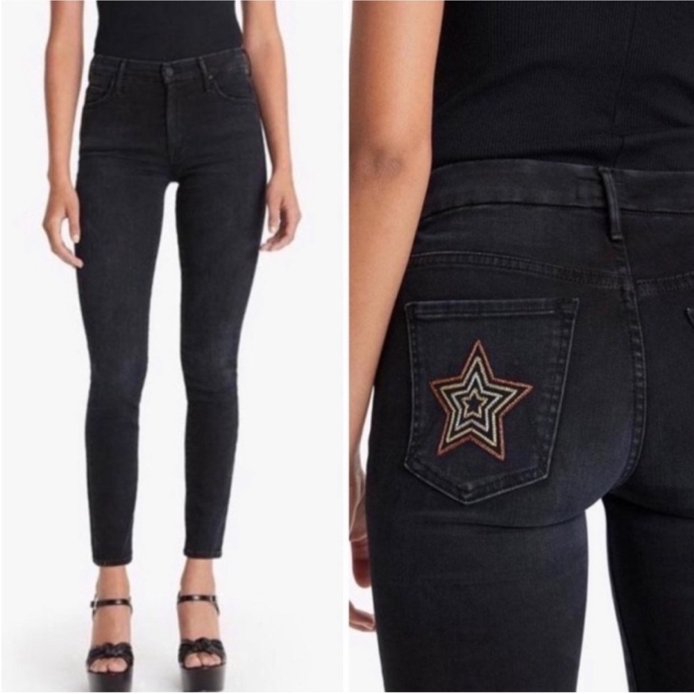 MOTHER BLACK STAR POCKET THE HIGH‎ WAISTED LOOKER SKINNY JEANS W 24 Blackbird